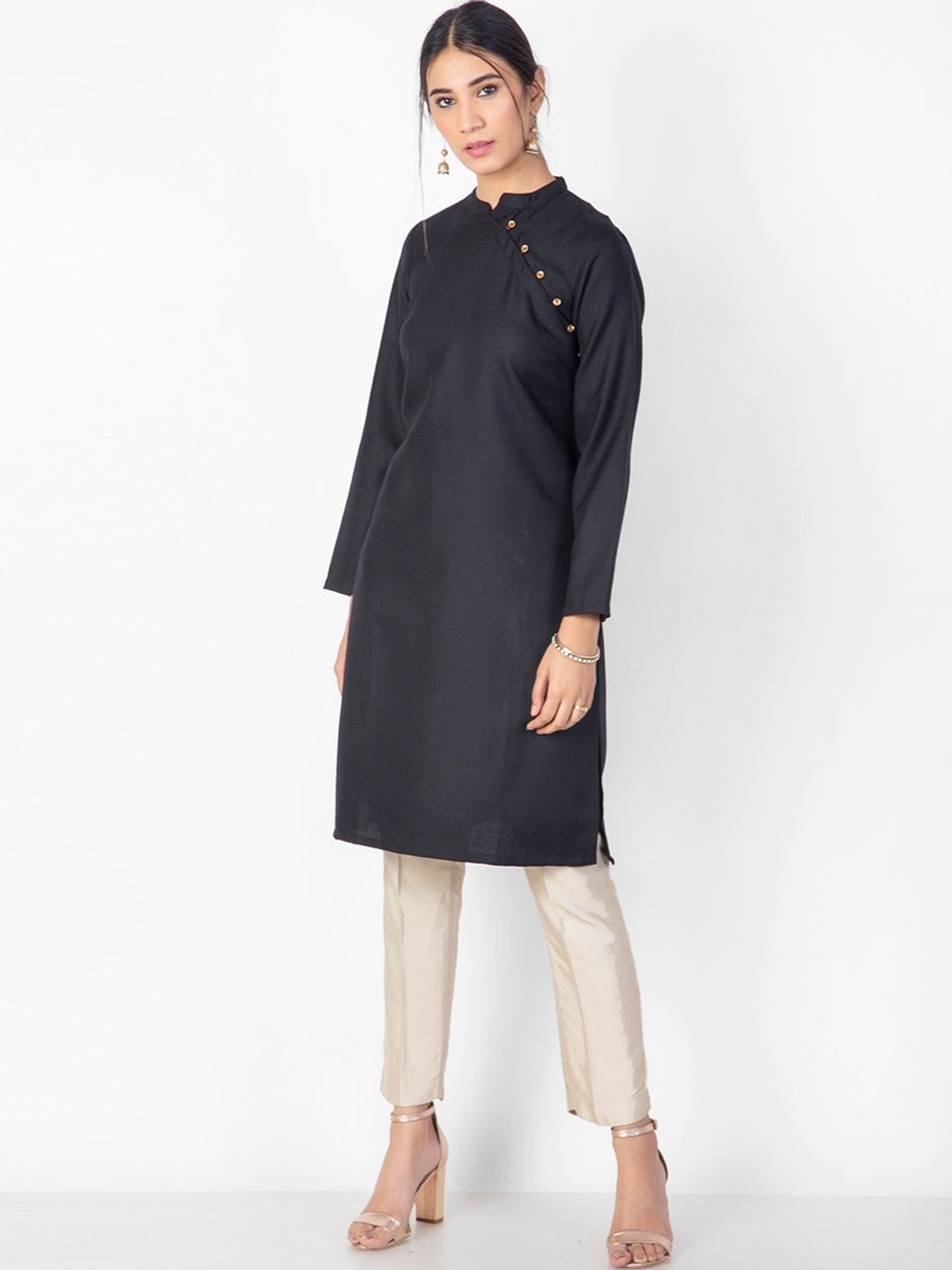 

Fabindia Mandarin Collar Long Sleeves Wool Kurta, Black