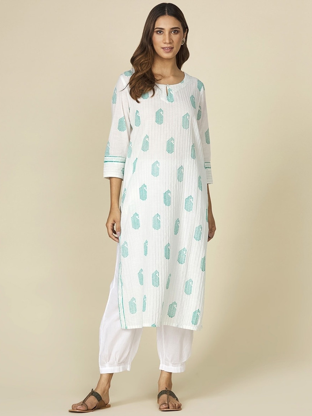 

Fabindia Ethnic Motifs Printed Keyhole Neck Regular Cotton Kurta, White