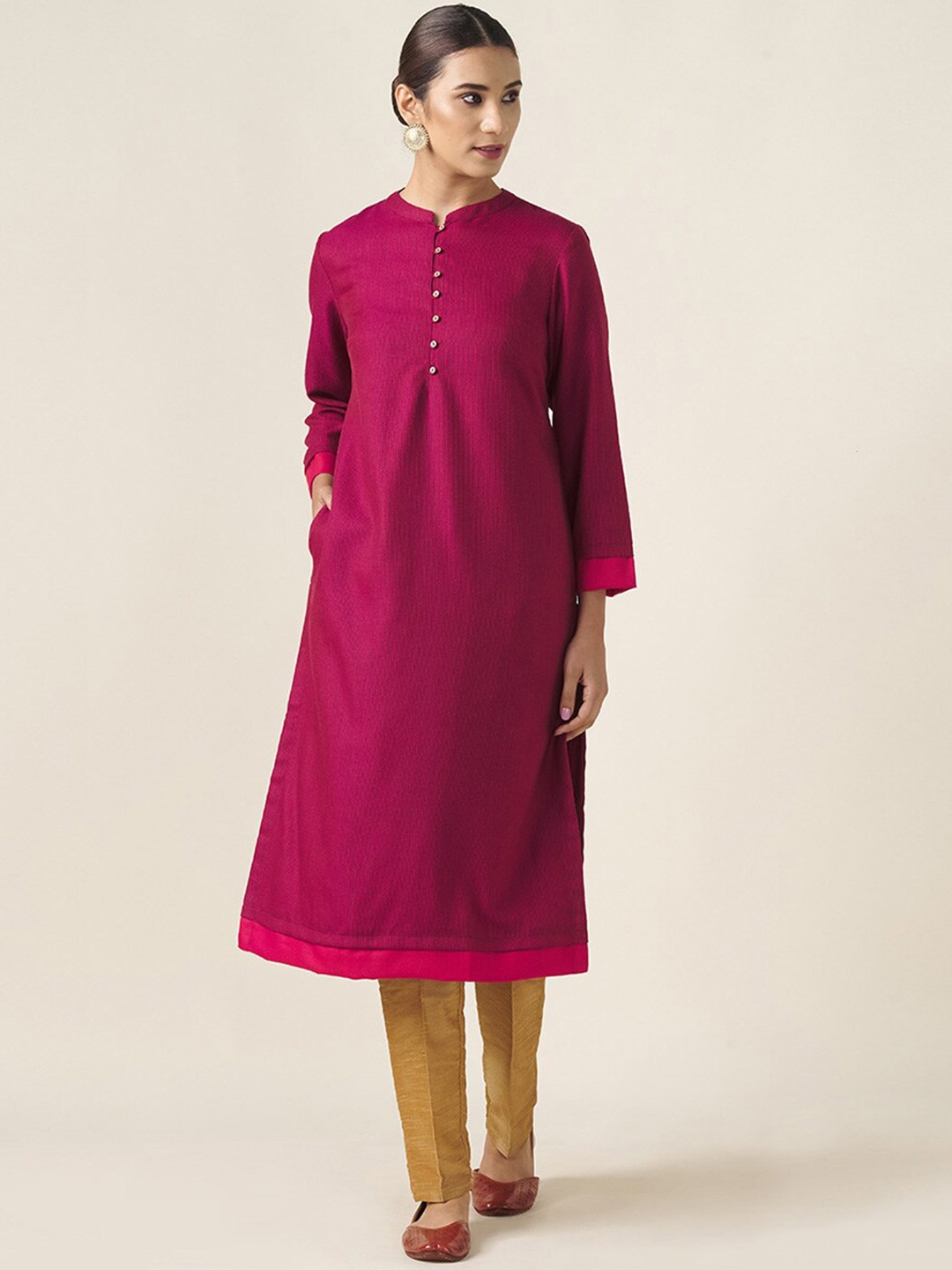 

Fabindia Women Pink Mandarin Collar Kurta