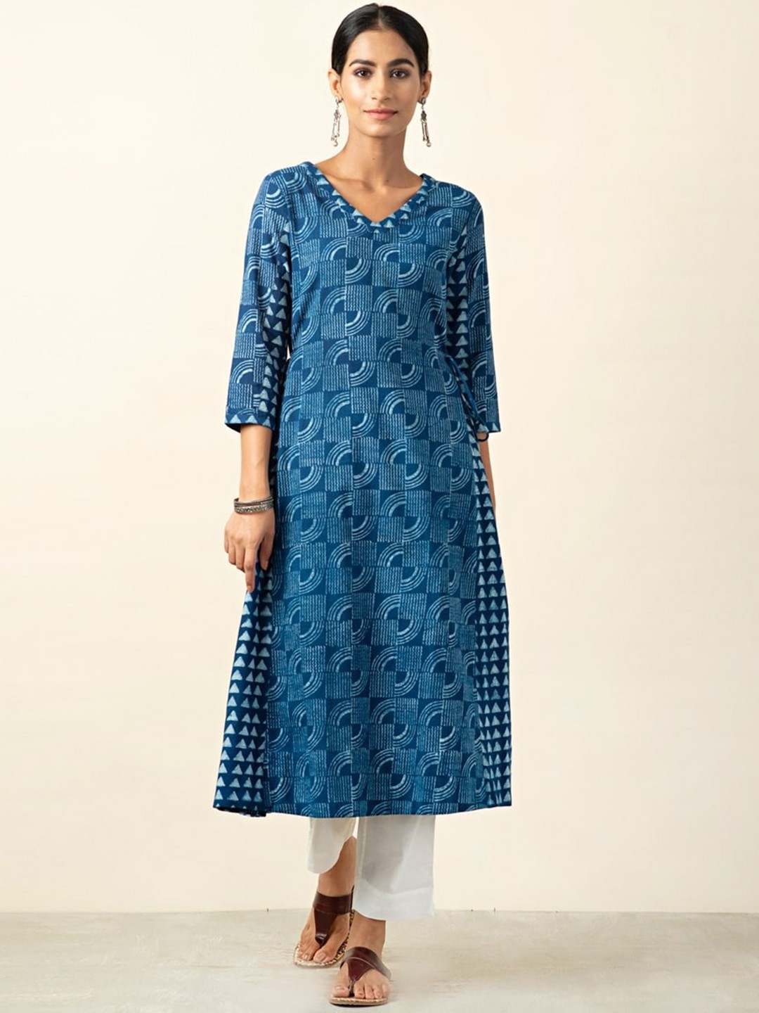 

Fabindia Women Blue & Off White Printed Pure cotton A-Line Kurta