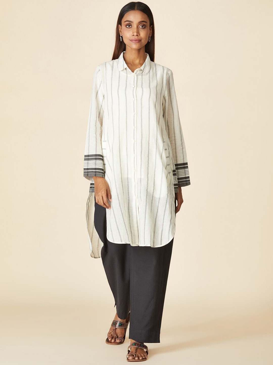 

Fabindia Shirt Collar Striped Pure Cotton White Romance A-Line Kurta, Off white
