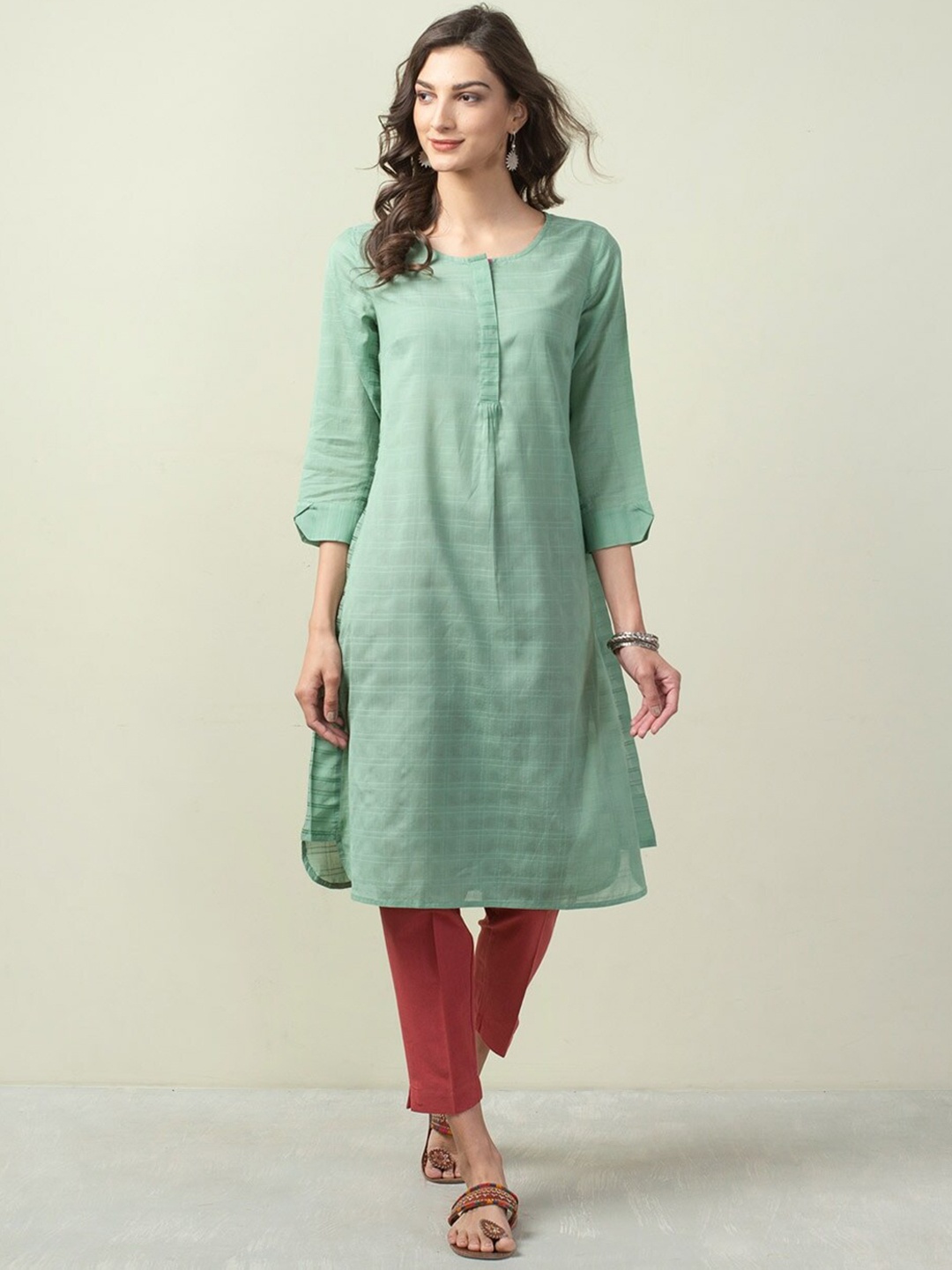 

Fabindia Checked Round Neck A-Line Kurta, Sea green