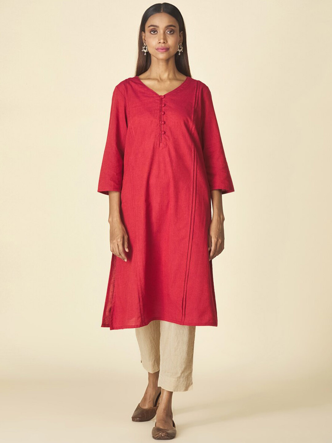 

Fabindia Women Red Pure Cotton A-Line Kurta