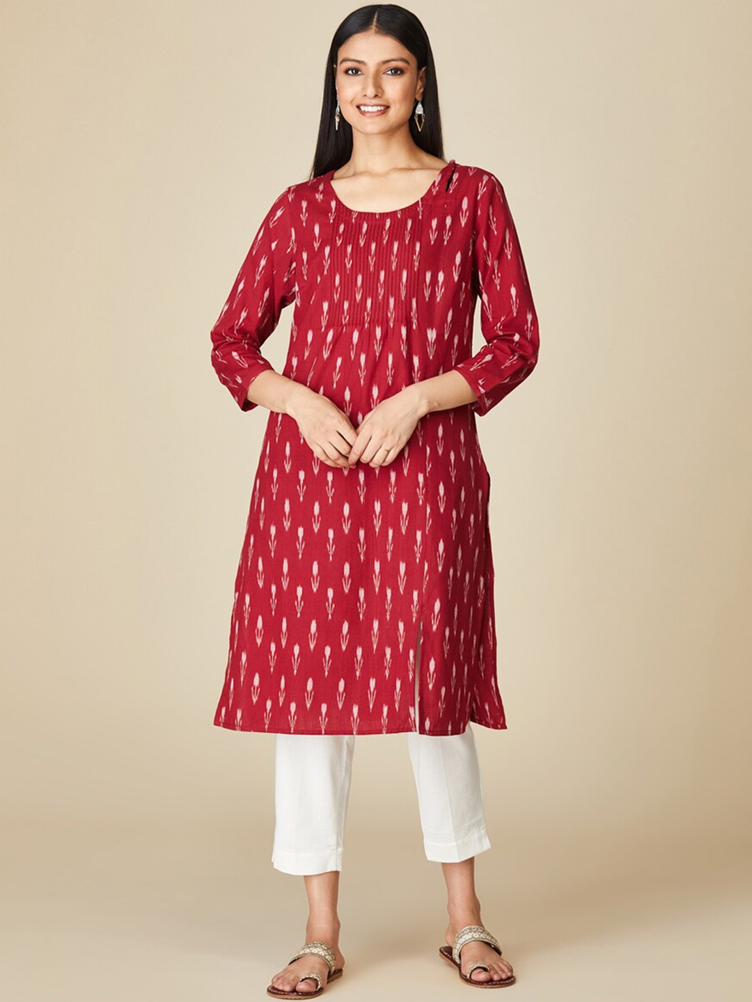 

Fabindia Women Red & Off White Printed Pure Cotton A-Line Kurta