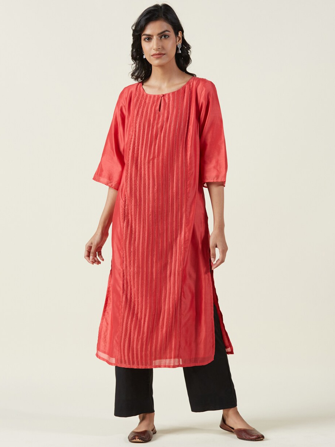 

Fabindia Women Coral & Gold-Toned Striped Pleated Kurta