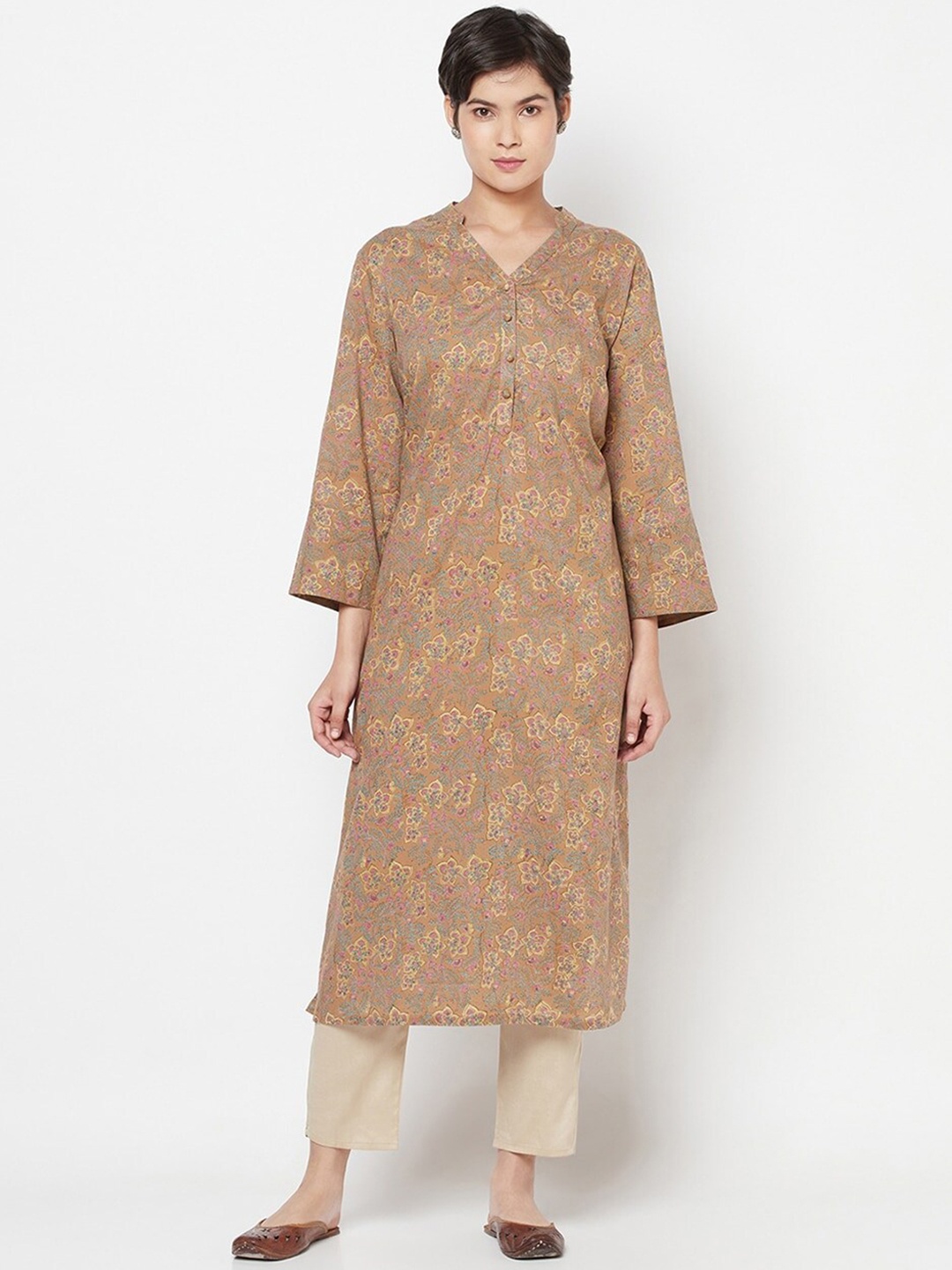 

Fabindia Women Brown Cotton Floral Printed Kurta