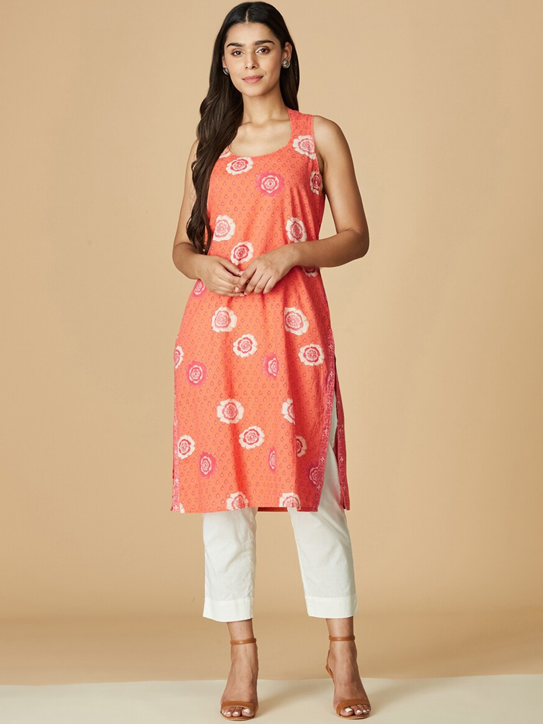 

Fabindia Women Peach-Coloured Cotton Ethnic Motifs Printed Kurta