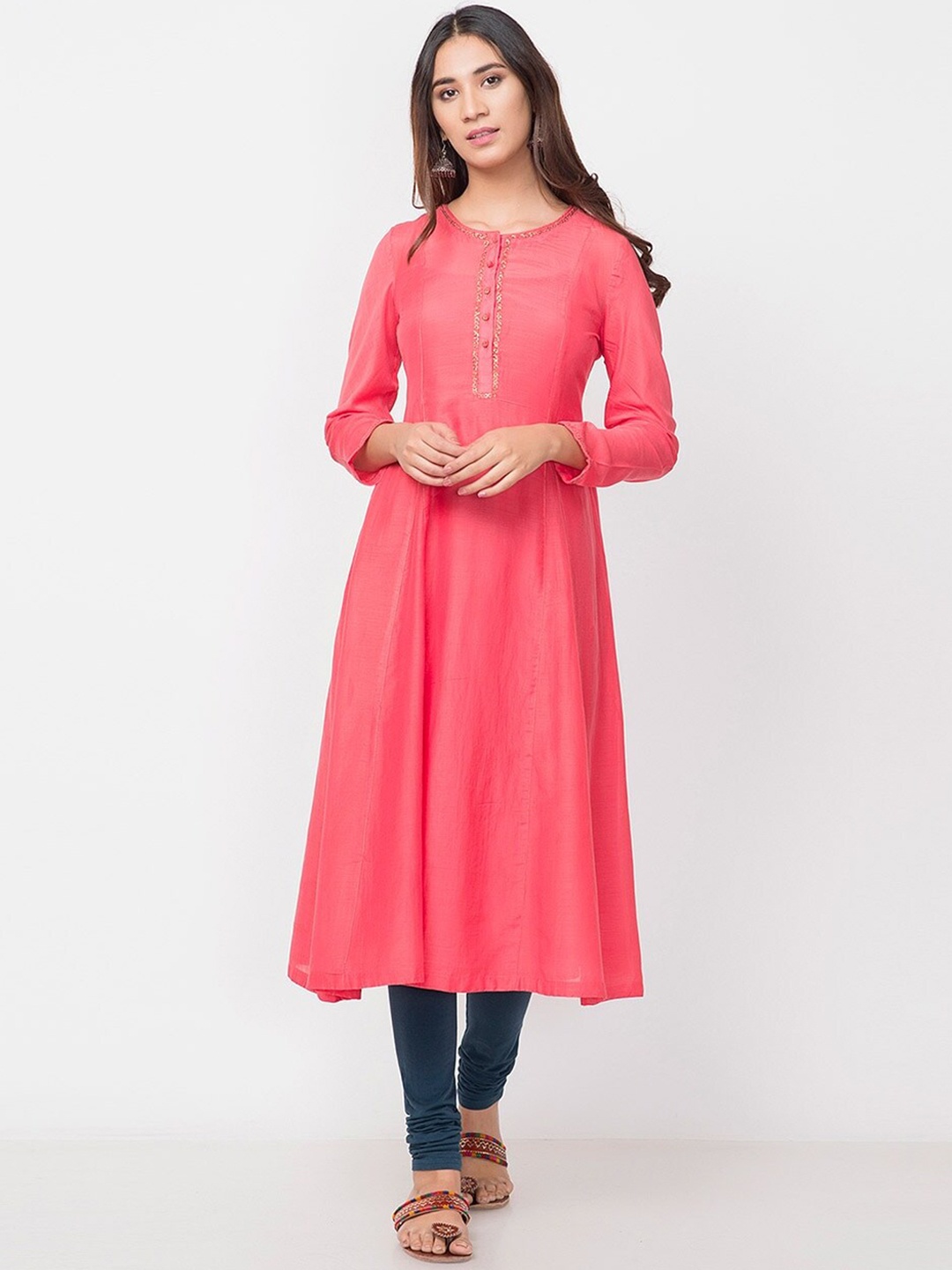 

Fabindia Anarkali Pleated Flared Cotton Kurta, Pink