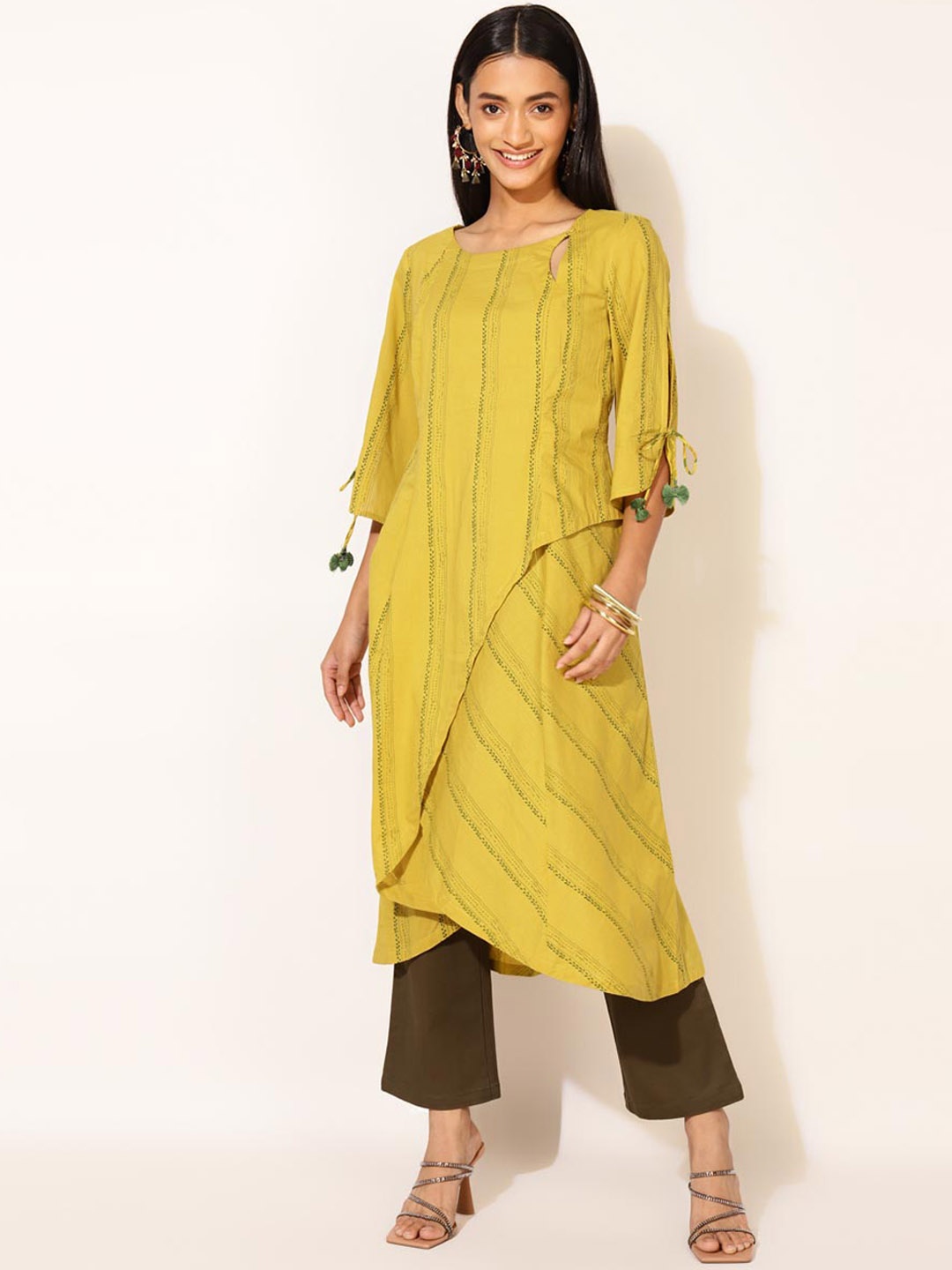 

Fabindia Women Yellow Striped Flared Sleeves Cotton Kurta