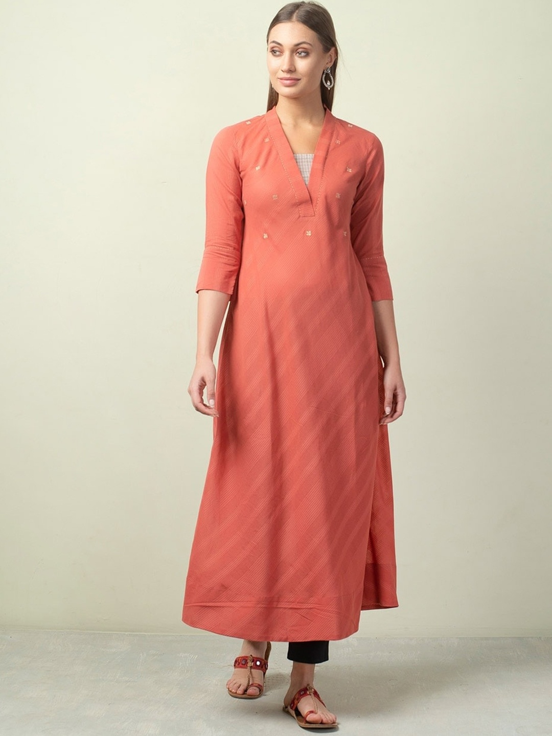 

Fabindia Peach-Coloured Ethnic Motifs Printed Indie Prints Cotton Kurta