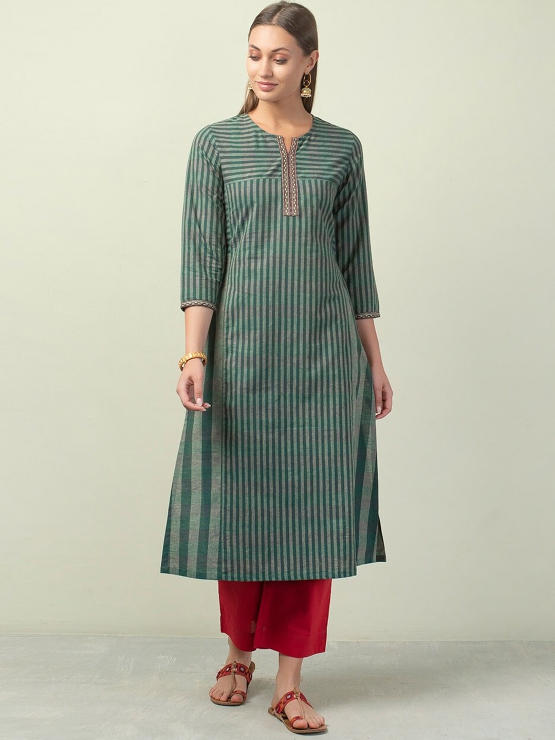

Fabindia Green Striped A-line Cotton Kurta