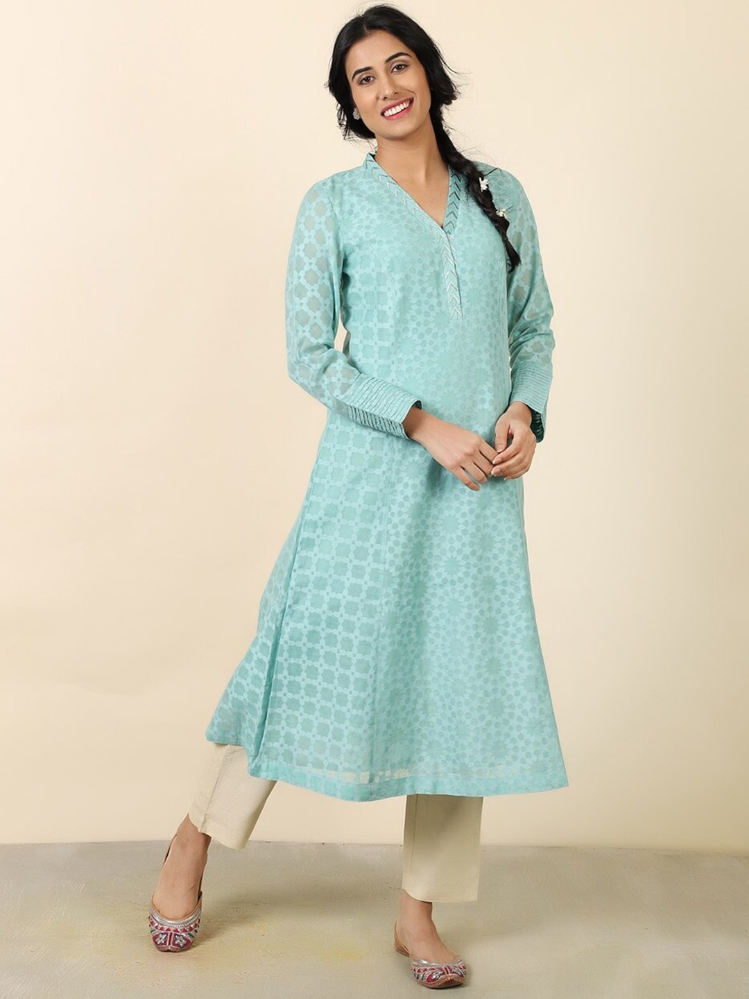 

Fabindia Green Geometric Printed Cotton Kurta