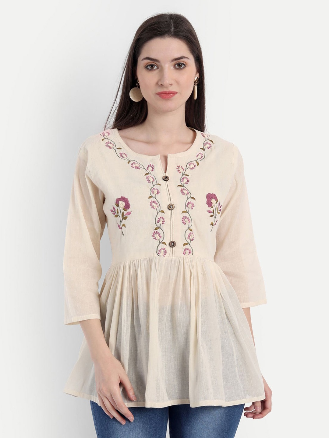 

Spiaty Beige & Pink Cotton Embroidered Tunic