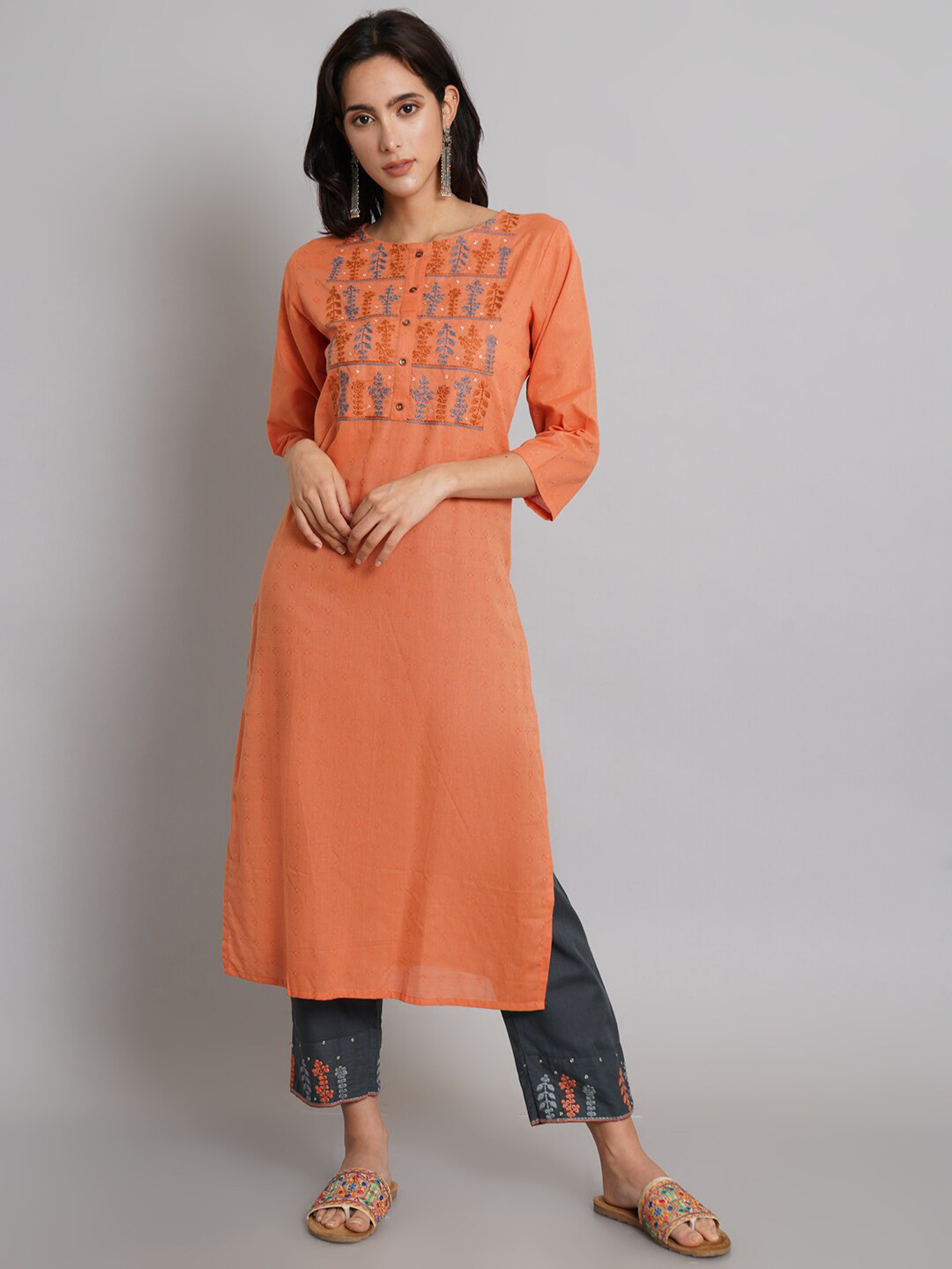 

Risirioutfit Orange Ethnic Motifs Embroidered Thread Work Pure Cotton Kurta with Trousers