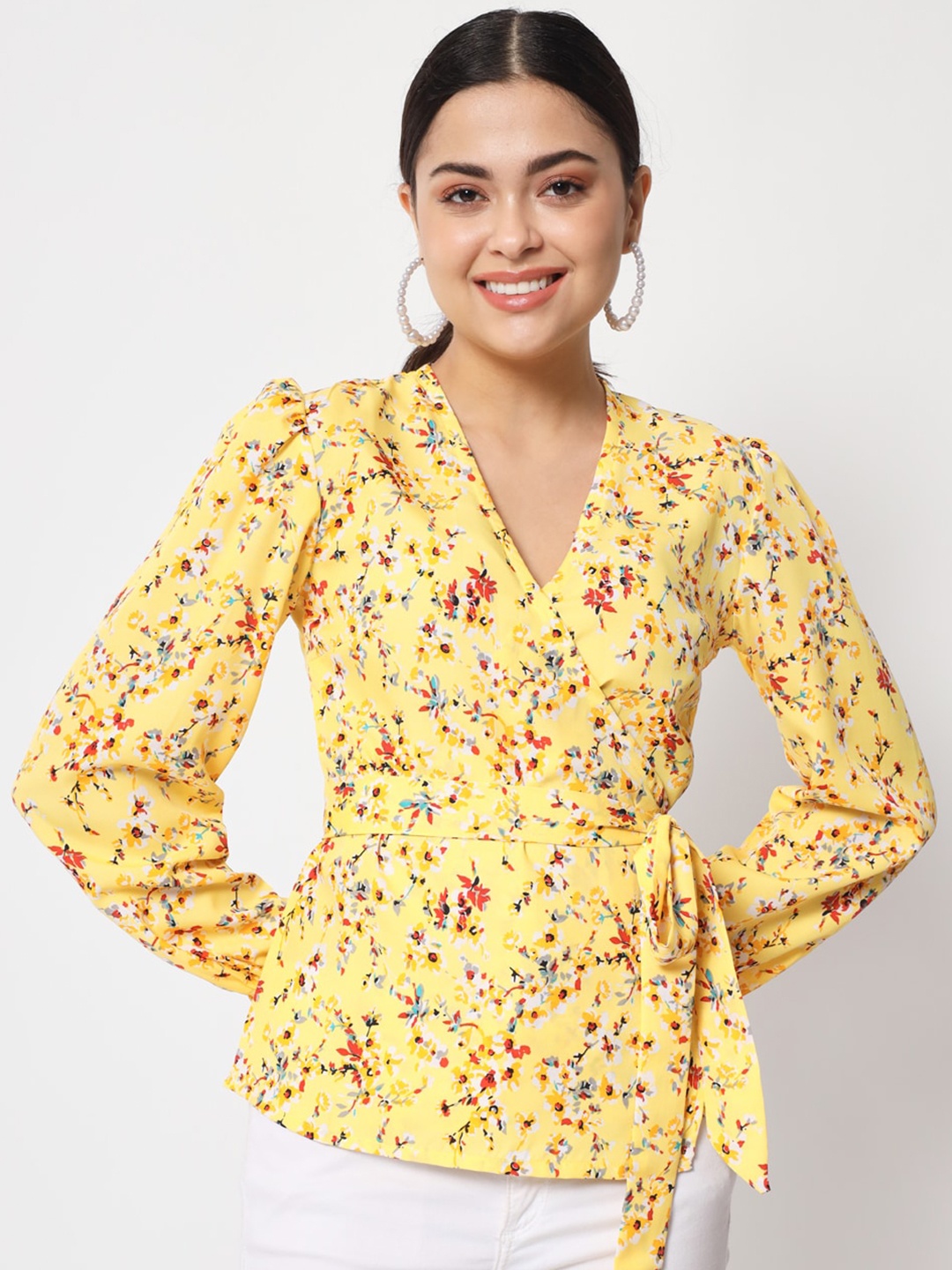 

Womenster Woman Mustard Yellow Floral Print Crepe Wrap Top