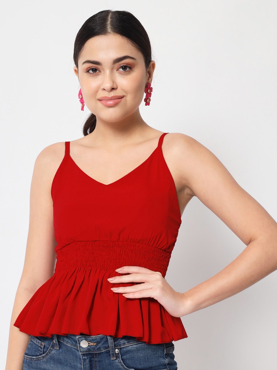 

Womenster Red Shoulder Straps Peplum Top
