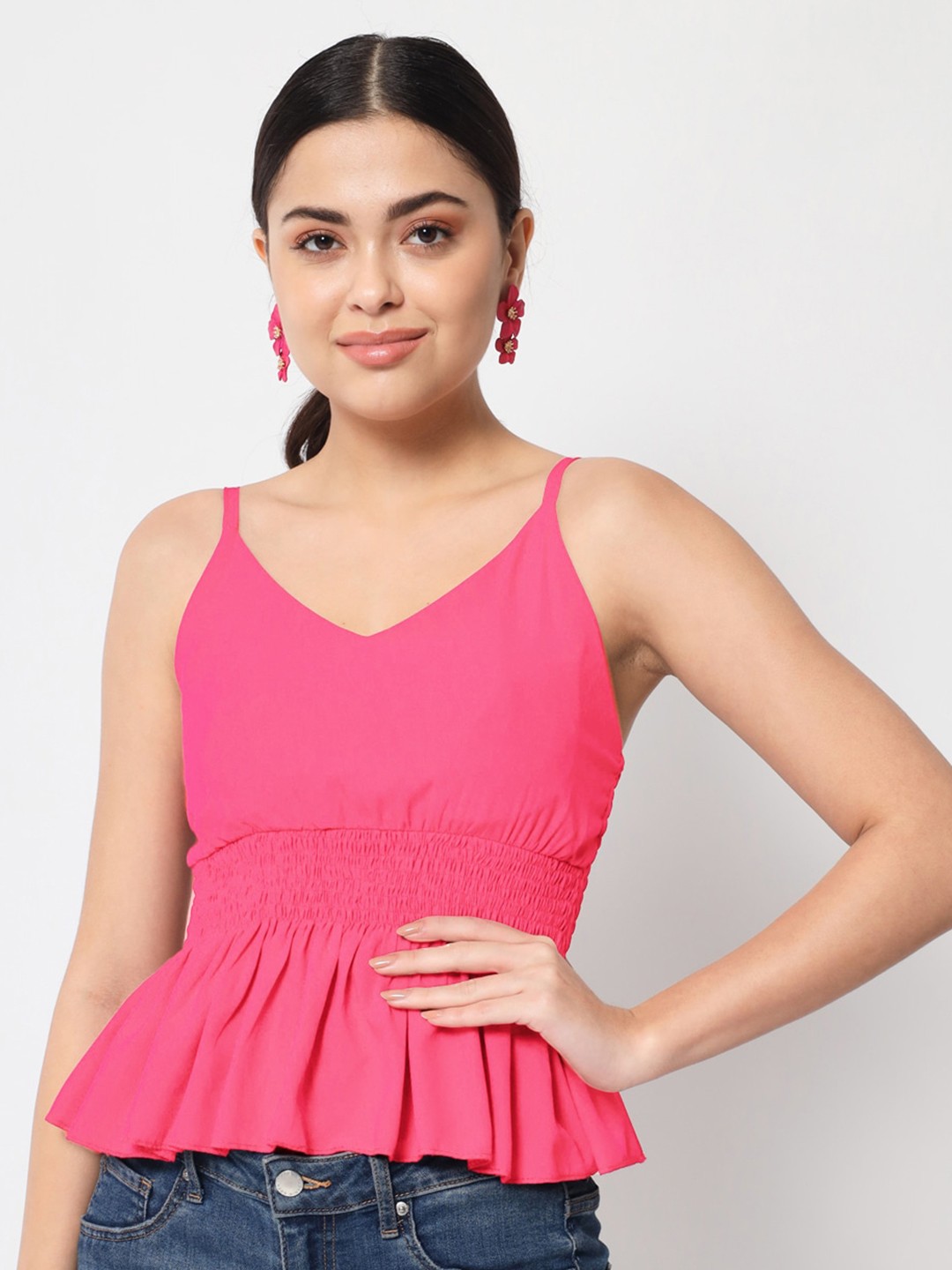 

Womenster Pink Shoulder Straps Peplum Top