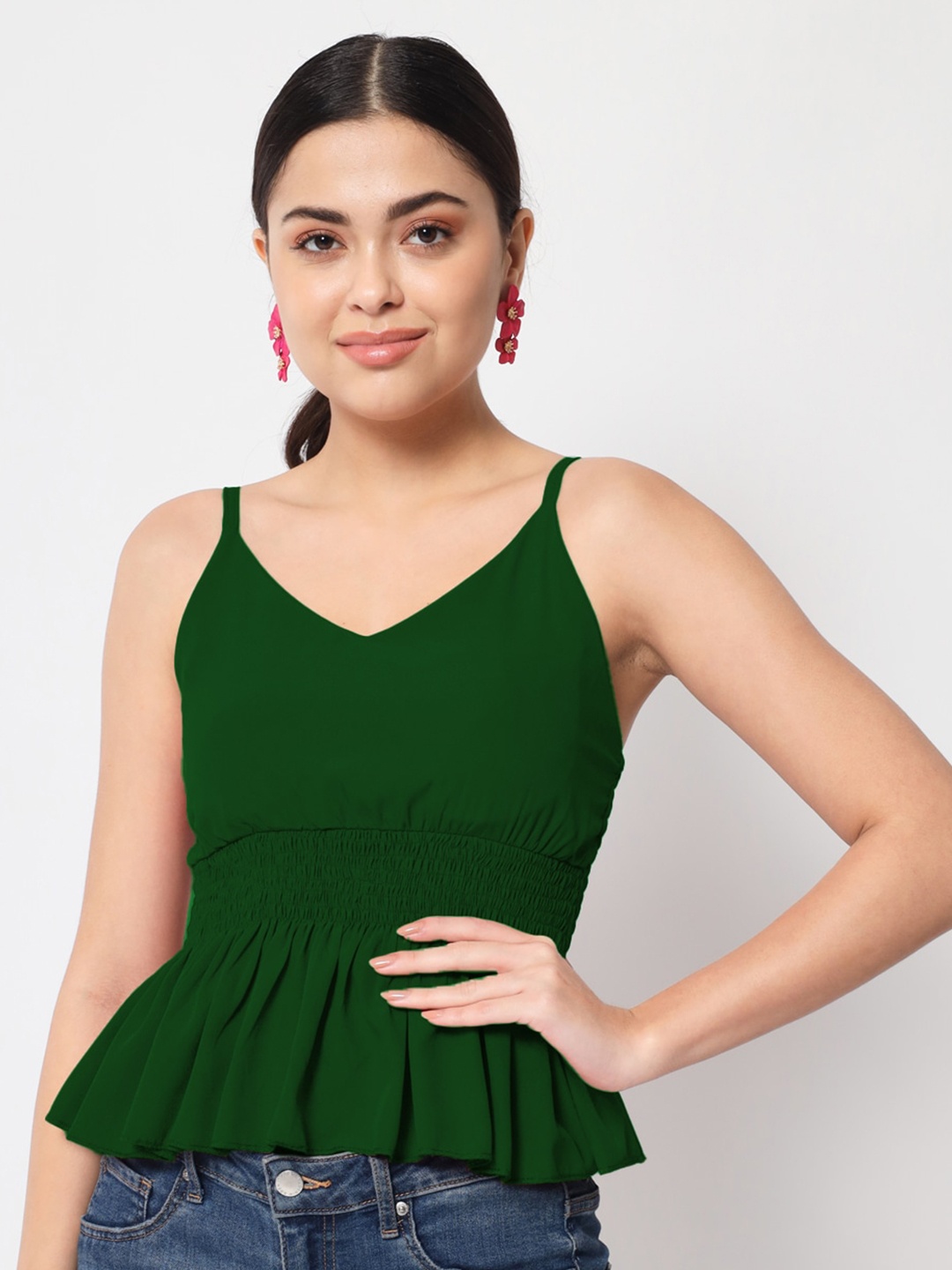 

Womenster Green Shoulder Straps Peplum Top