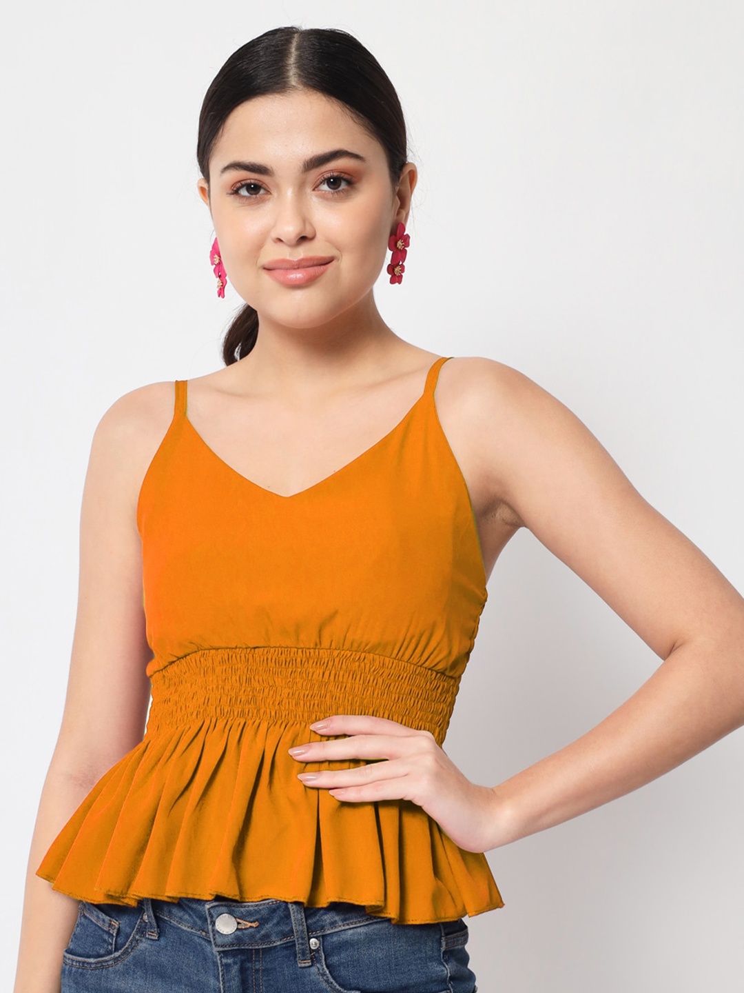 

Womenster Mustard Yellow Shoulder Straps Peplum Top