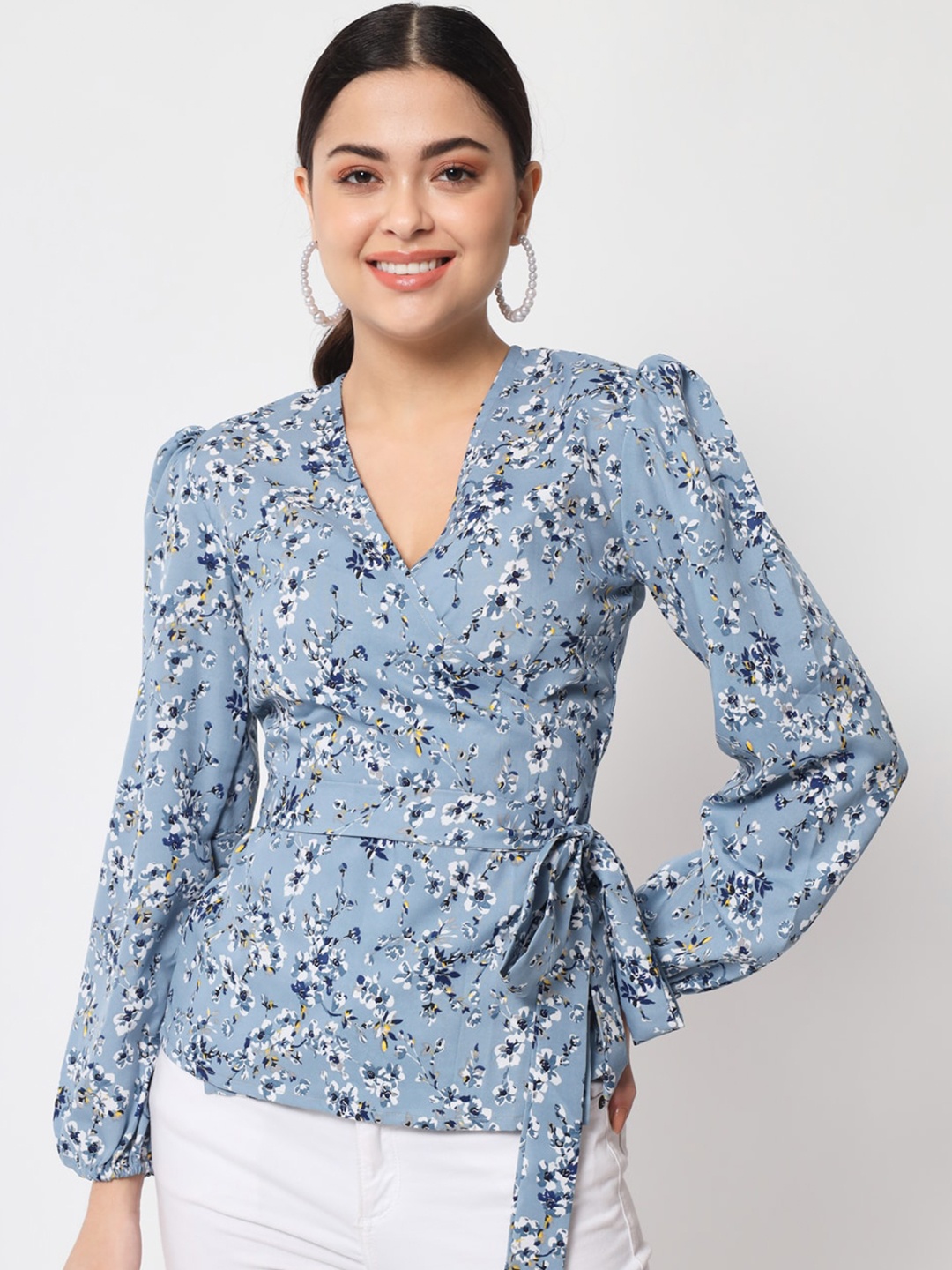 

Womenster Grey Floral Print Crepe Wrap Top