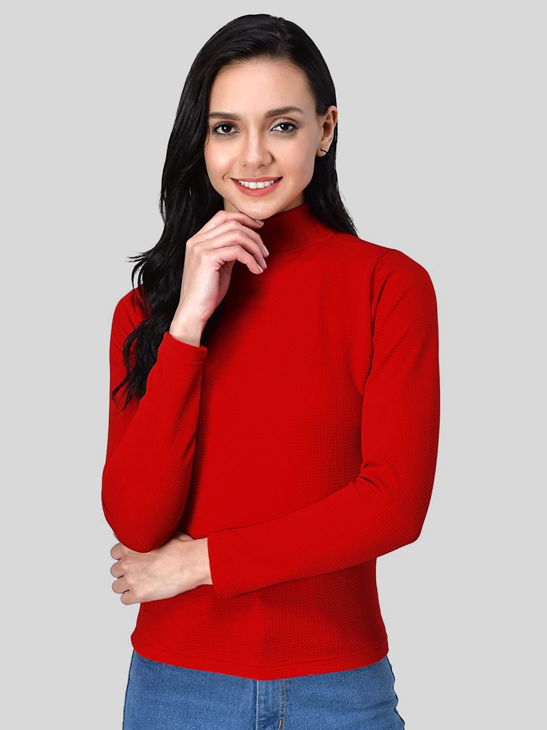 

Womenster Red Mandarin Collar Crepe Shirt Style Top