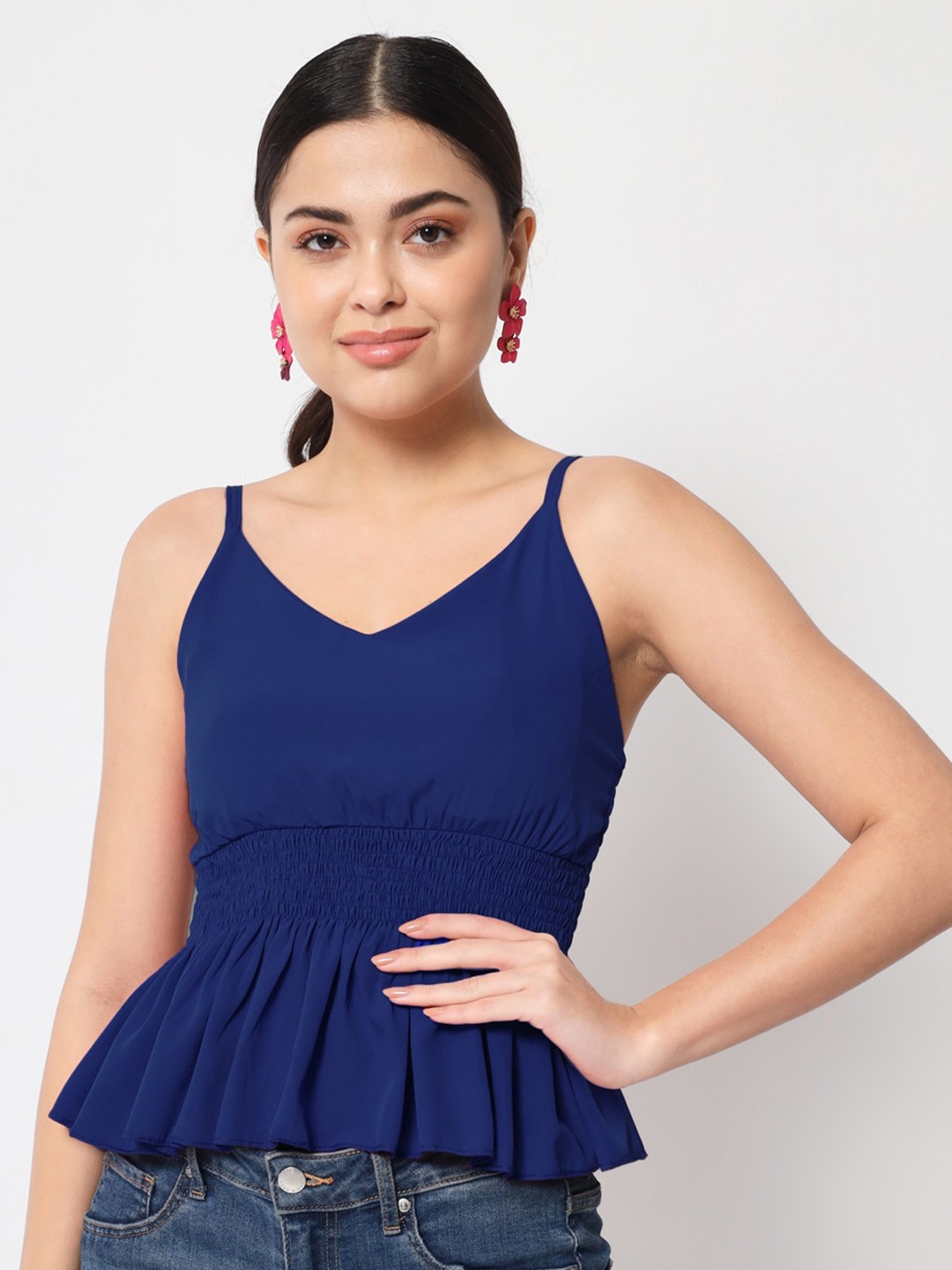 

Womenster Navy Blue Shoulder Straps Peplum Top