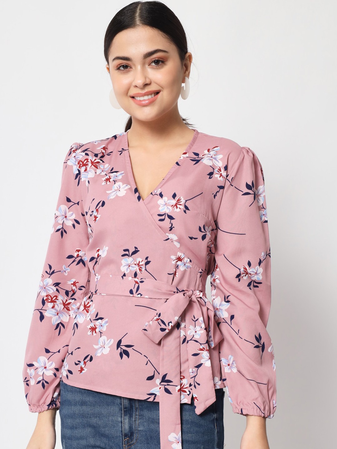 

Womenster Pink Floral Print Crepe Wrap Top