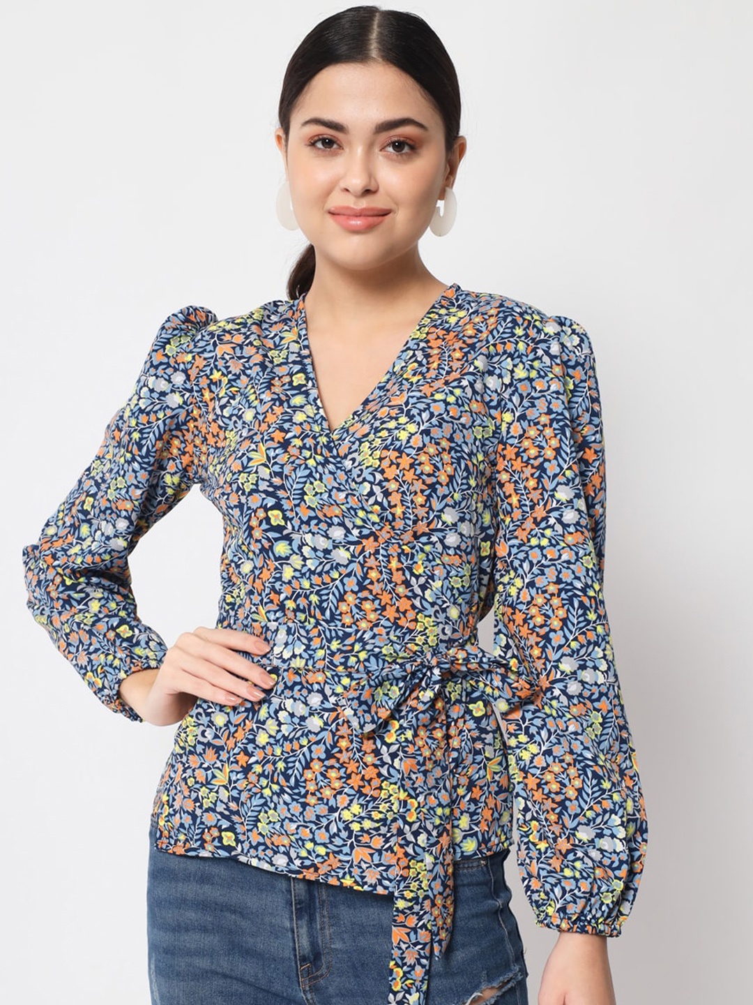 

Womenster Multicoloured Floral Print Crepe Wrap Top, Multi
