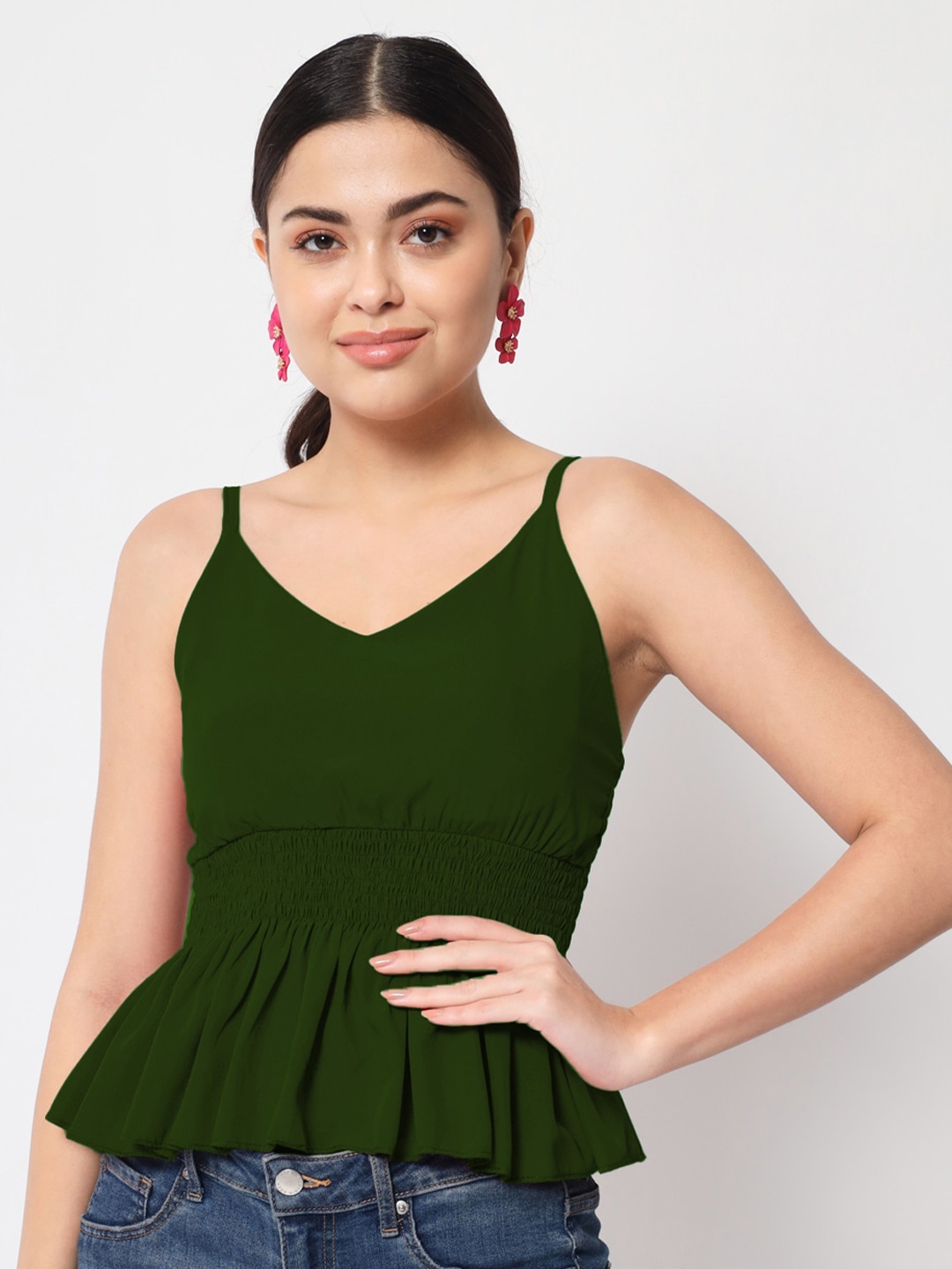 

Womenster Olive Green Shoulder Straps Peplum Top