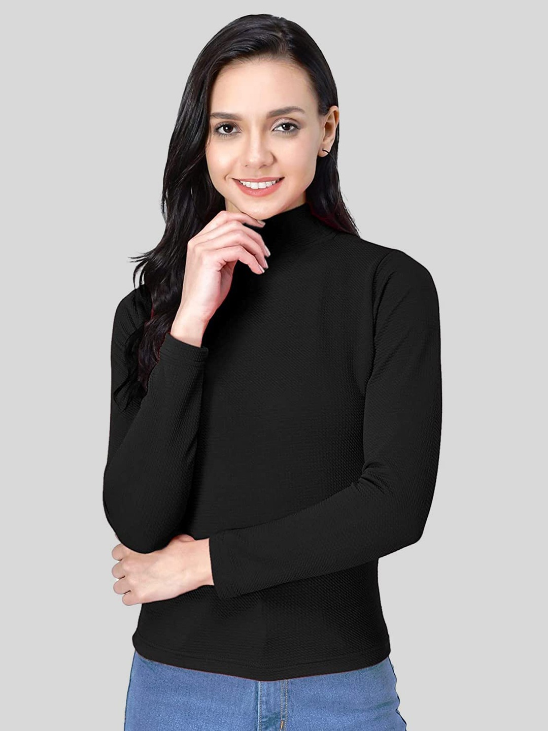 

Womenster Black Crepe Shirt Style Top