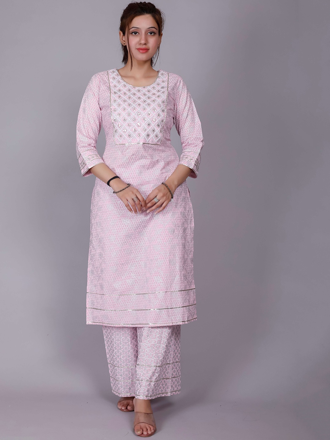 

HERE&NOW Pink Ethnic Motifs Embroidered Sequinned Pure Cotton Kurta with Palazzos