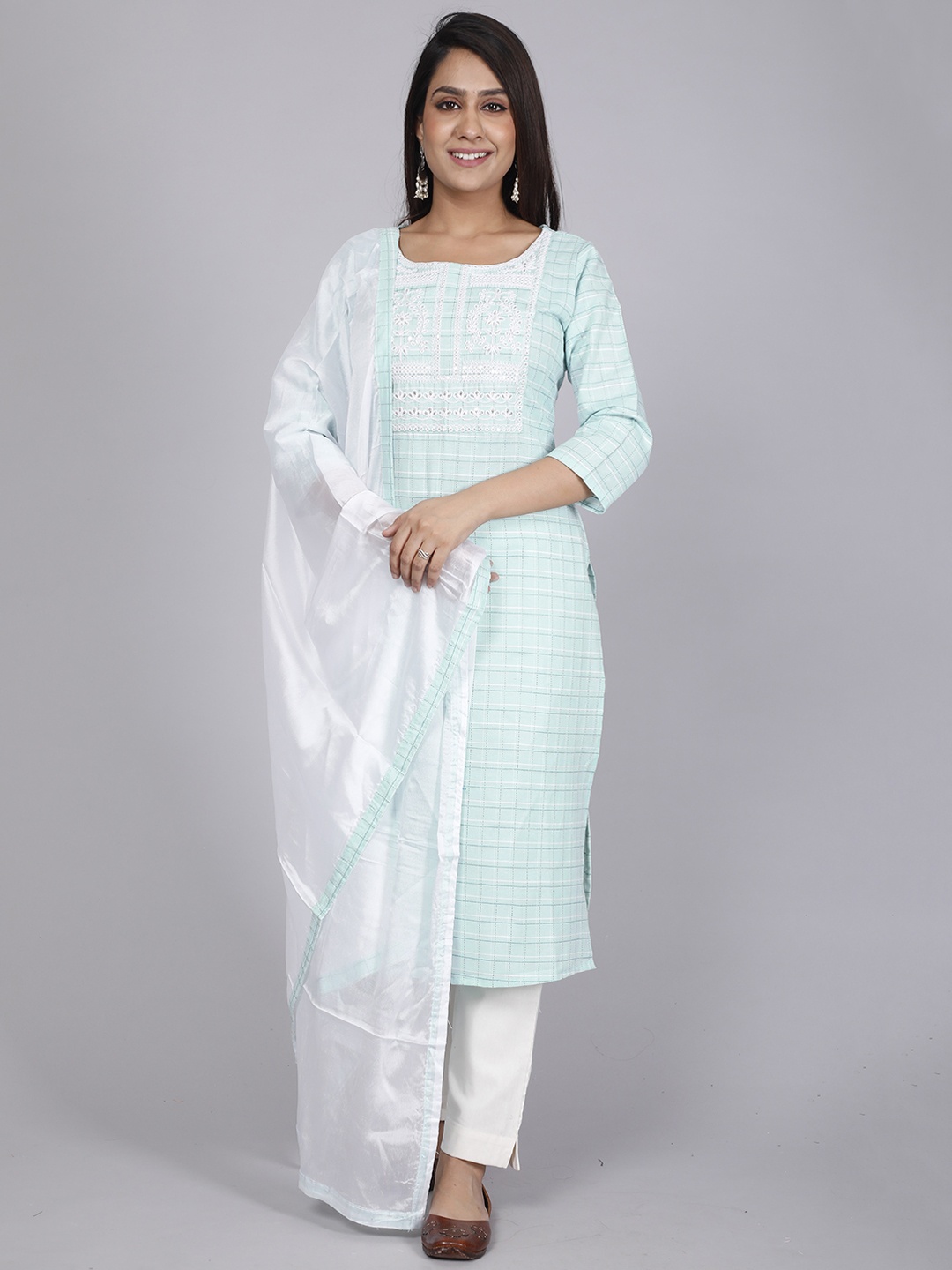 

HERE&NOW Sea Green Sequinned Kurta with Trousers & With Dupatta