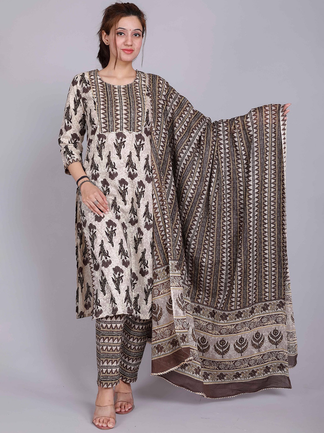 

HERE&NOW Beige Ethnic Motifs Printed Pure Cotton Kurta with Trousers & With Dupatta