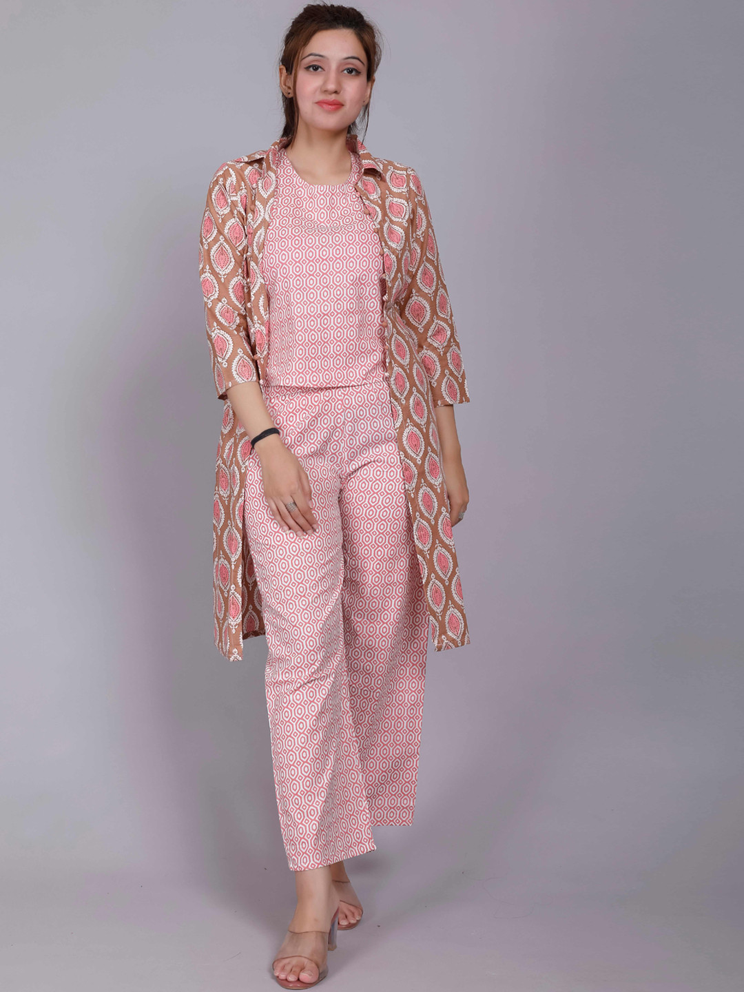 

HERE&NOW Pink Printed Pure Cotton Top with Trousers