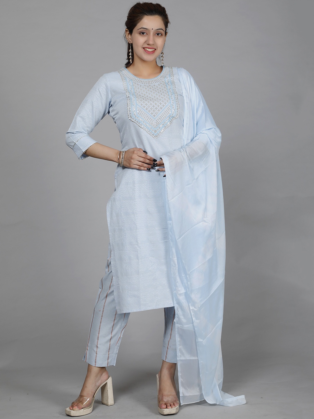 

HERE&NOW Women Blue Embroidered Sequinned Kurta with Trousers & Dupatta