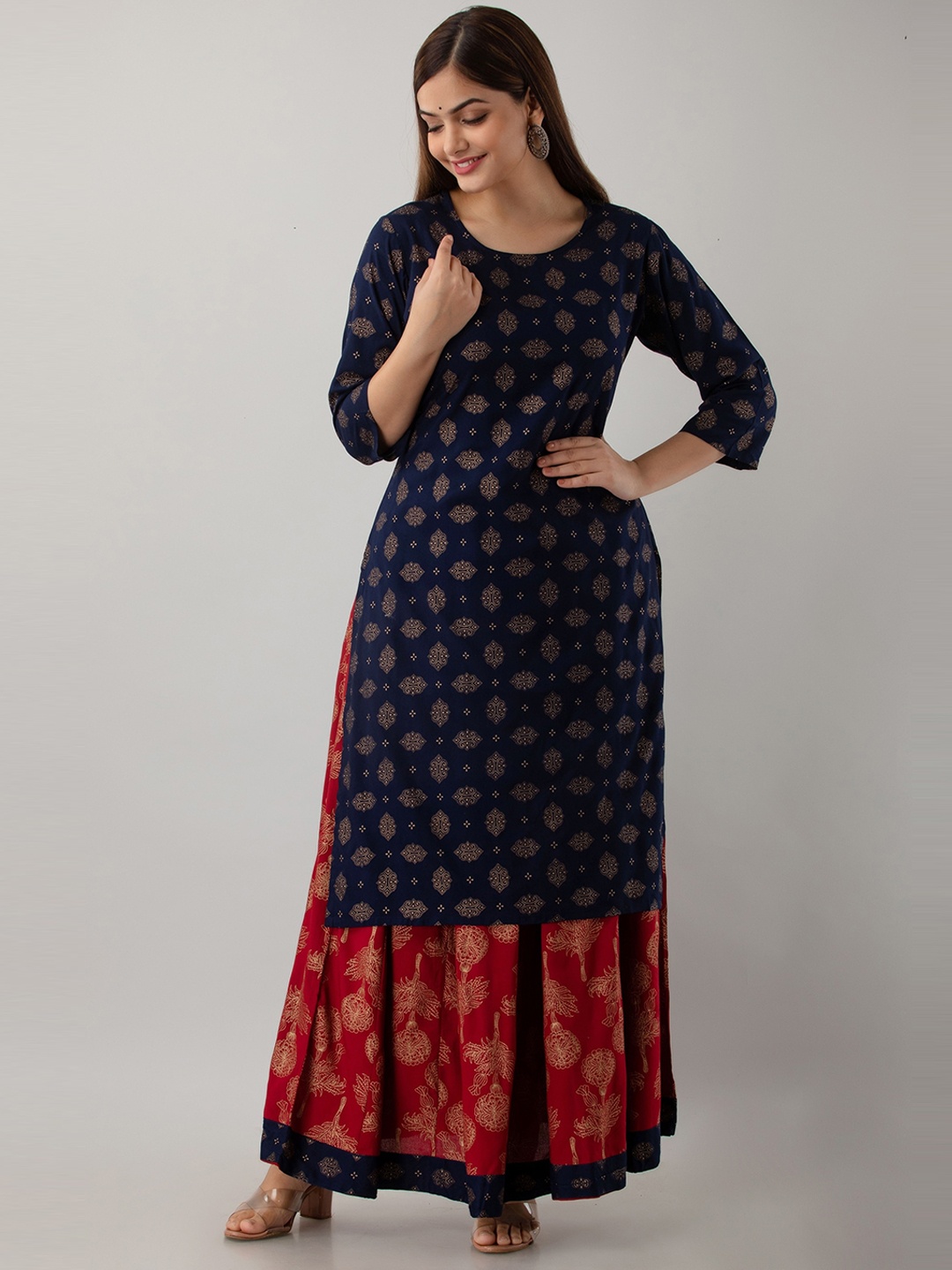 

HERE&NOW Women Navy Blue Floral Printed Kurta with Skirt