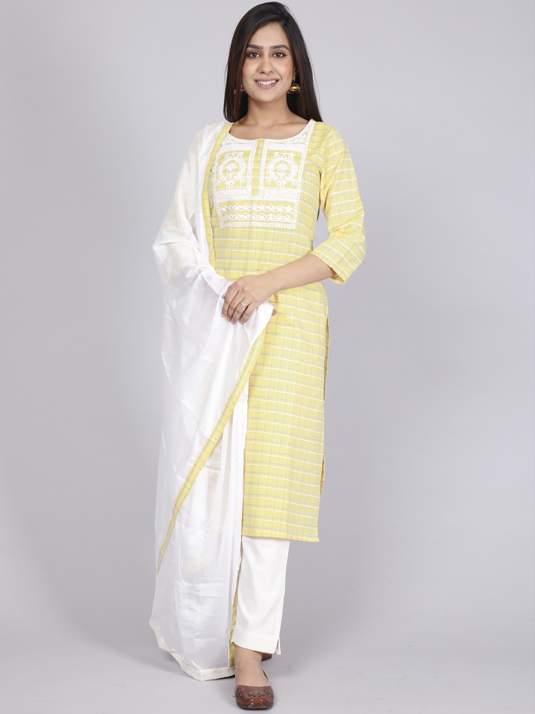

HERE&NOW Women Yellow Embroidered Thread Work Kurta with Trousers & Dupatta