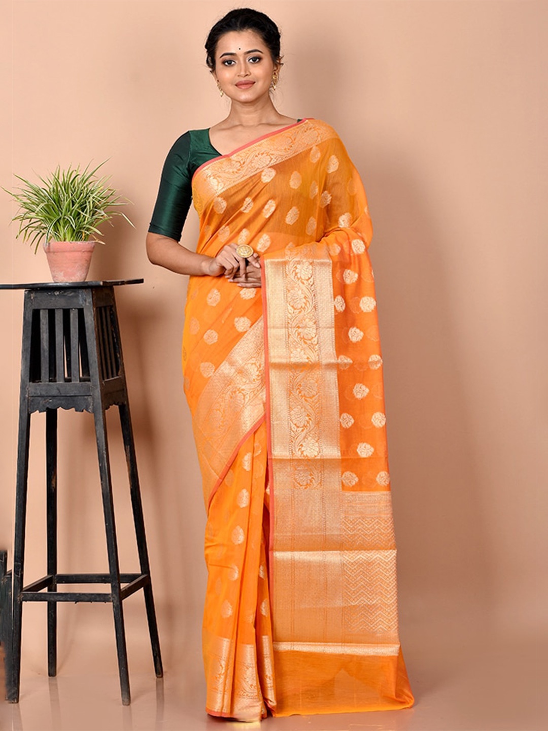 

AllSilks Orange & Gold-Toned Woven Design Zari Silk Cotton Saree