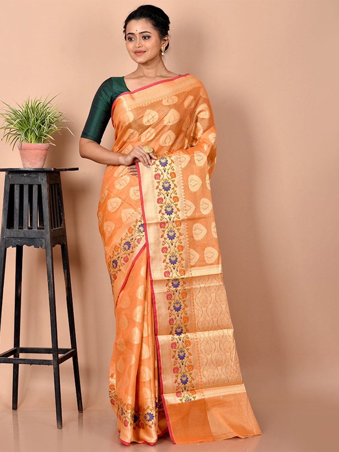 

AllSilks Rust & Gold-Toned Woven Design Zari Silk Cotton Saree