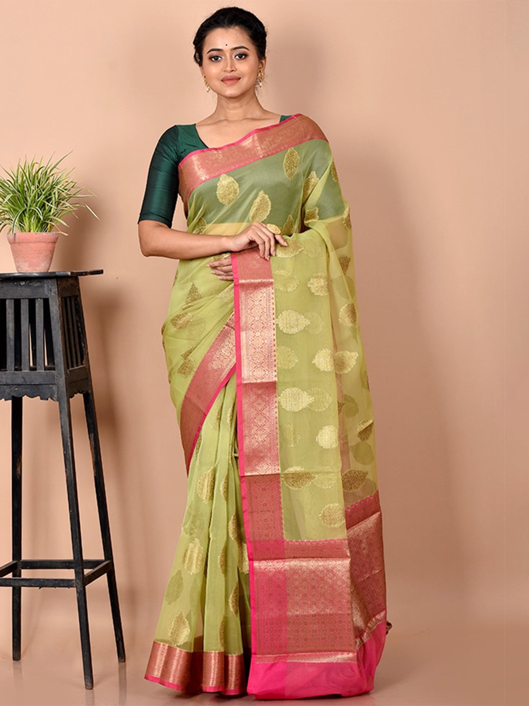 

AllSilks Olive Green & Pink Woven Design Zari Silk Cotton Saree