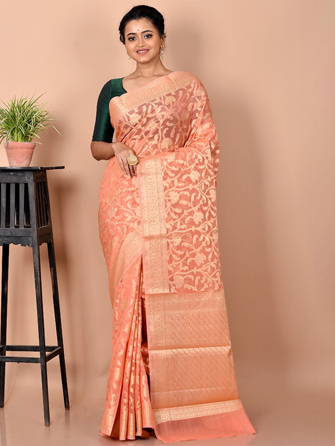 

AllSilks Peach-Coloured Woven Design Zari Silk Cotton Saree