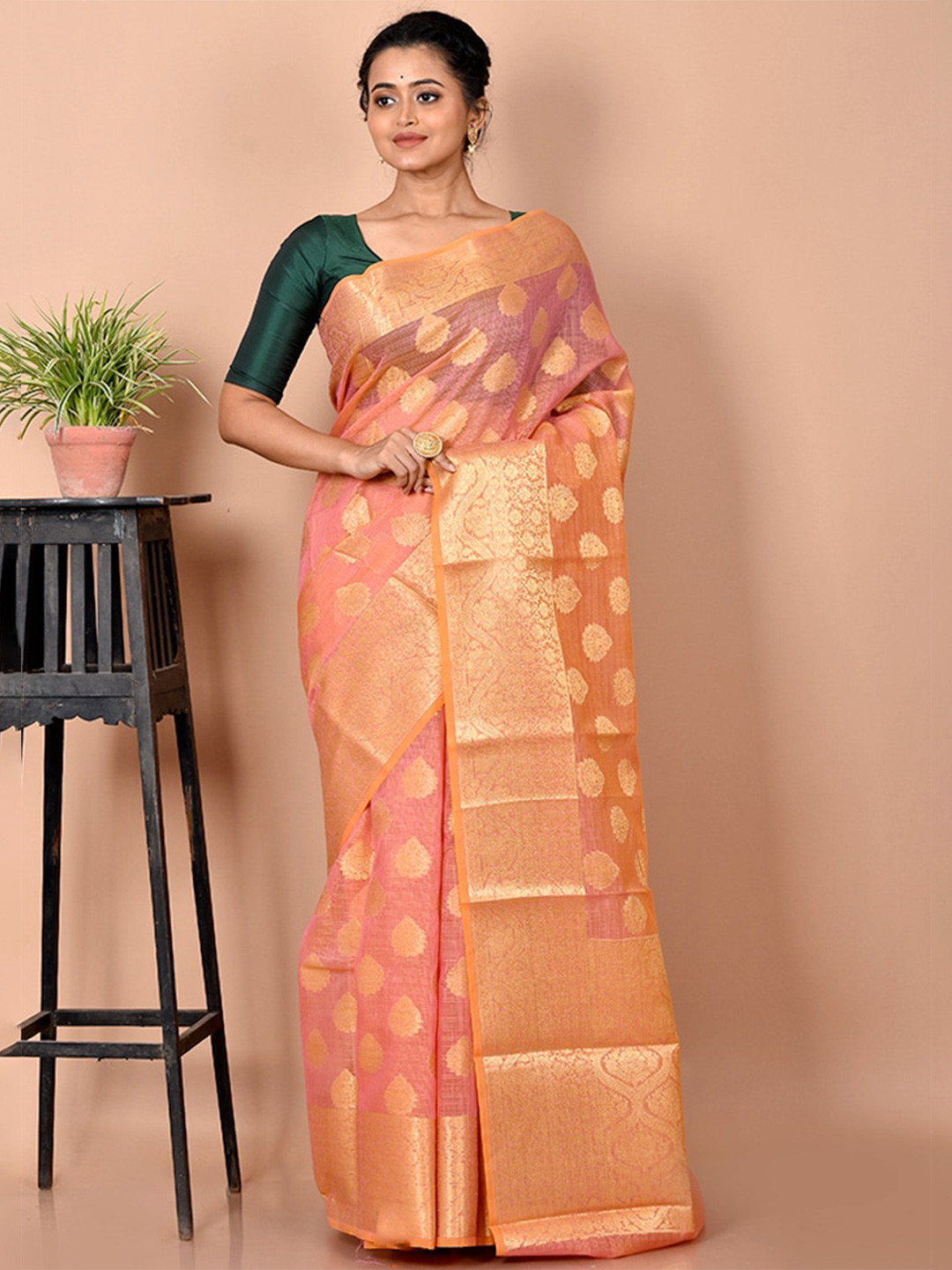 

AllSilks Peach-Coloured & Gold-Toned Woven Design Zari Silk Cotton Saree