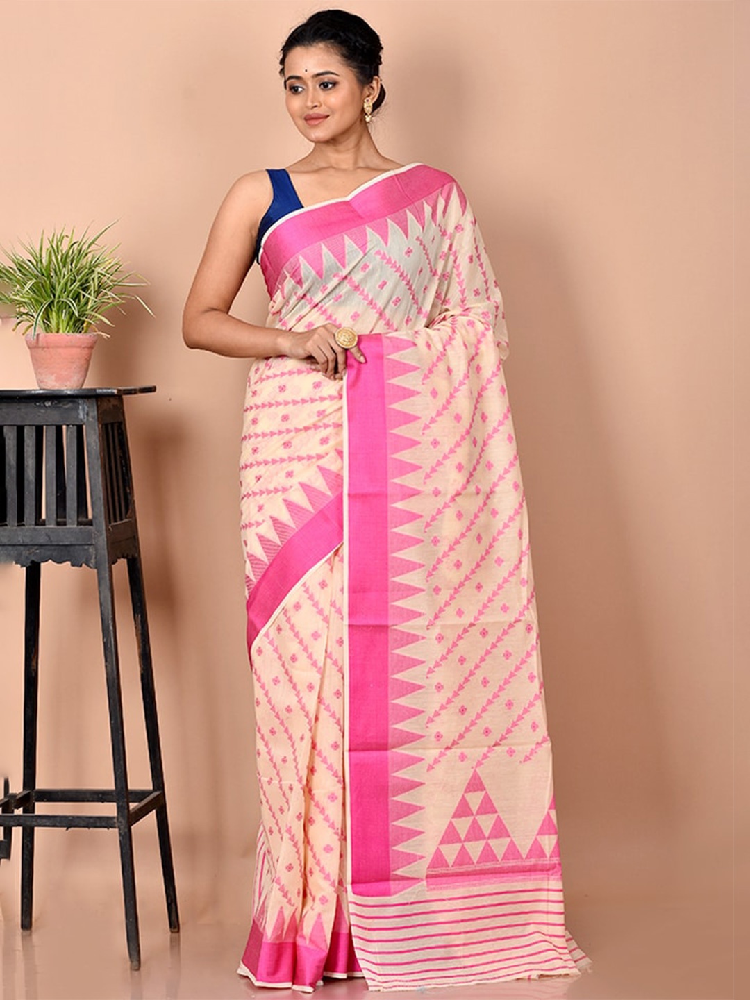 

AllSilks Cream-Coloured & Pink Woven Design Silk Cotton Saree