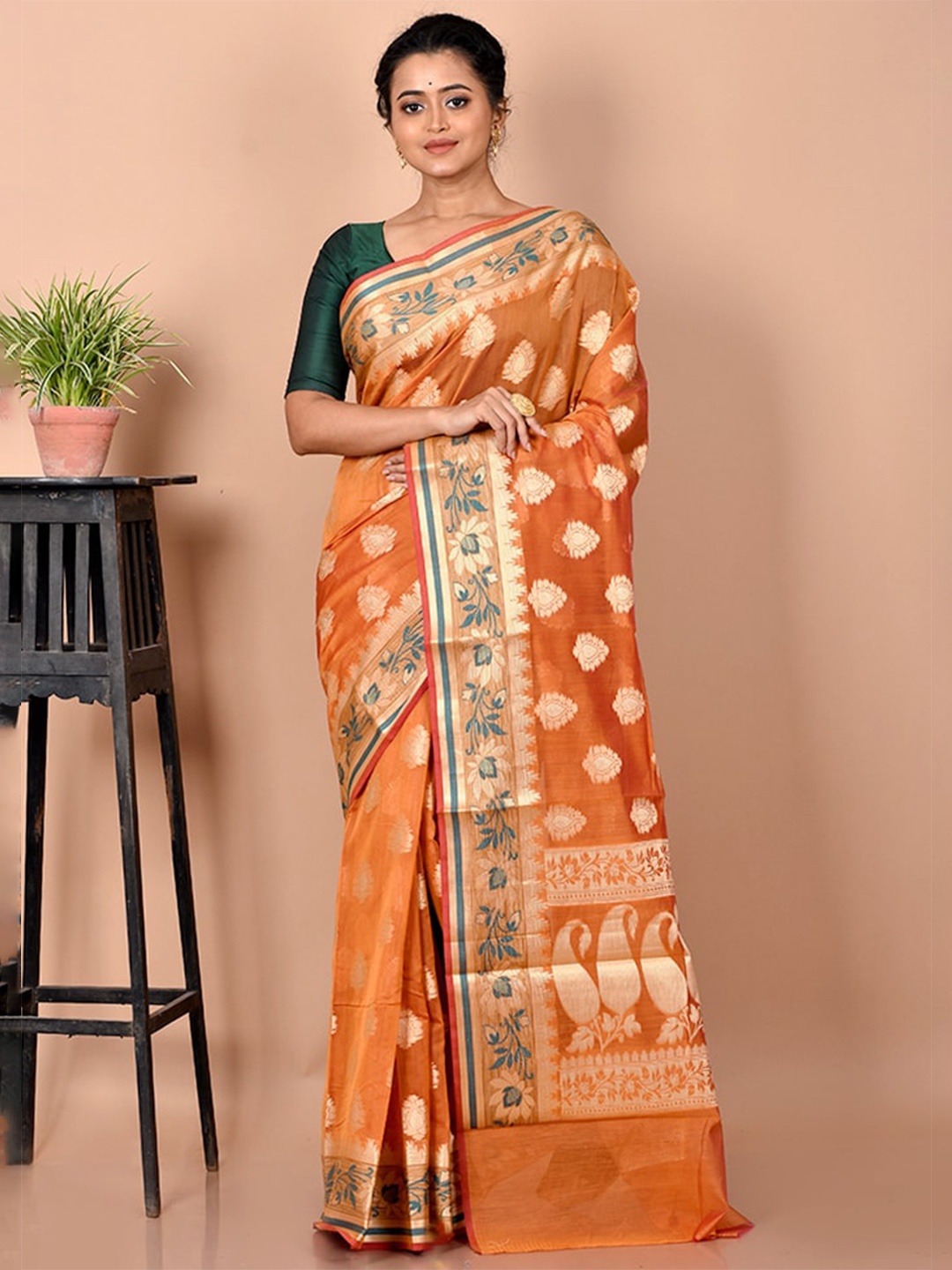 

AllSilks Rust & Gold-Toned Woven Design Zari Silk Cotton Saree