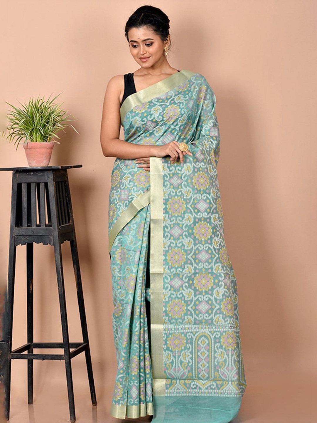 

AllSilks Blue & White Bandhani Zari Silk Cotton Saree