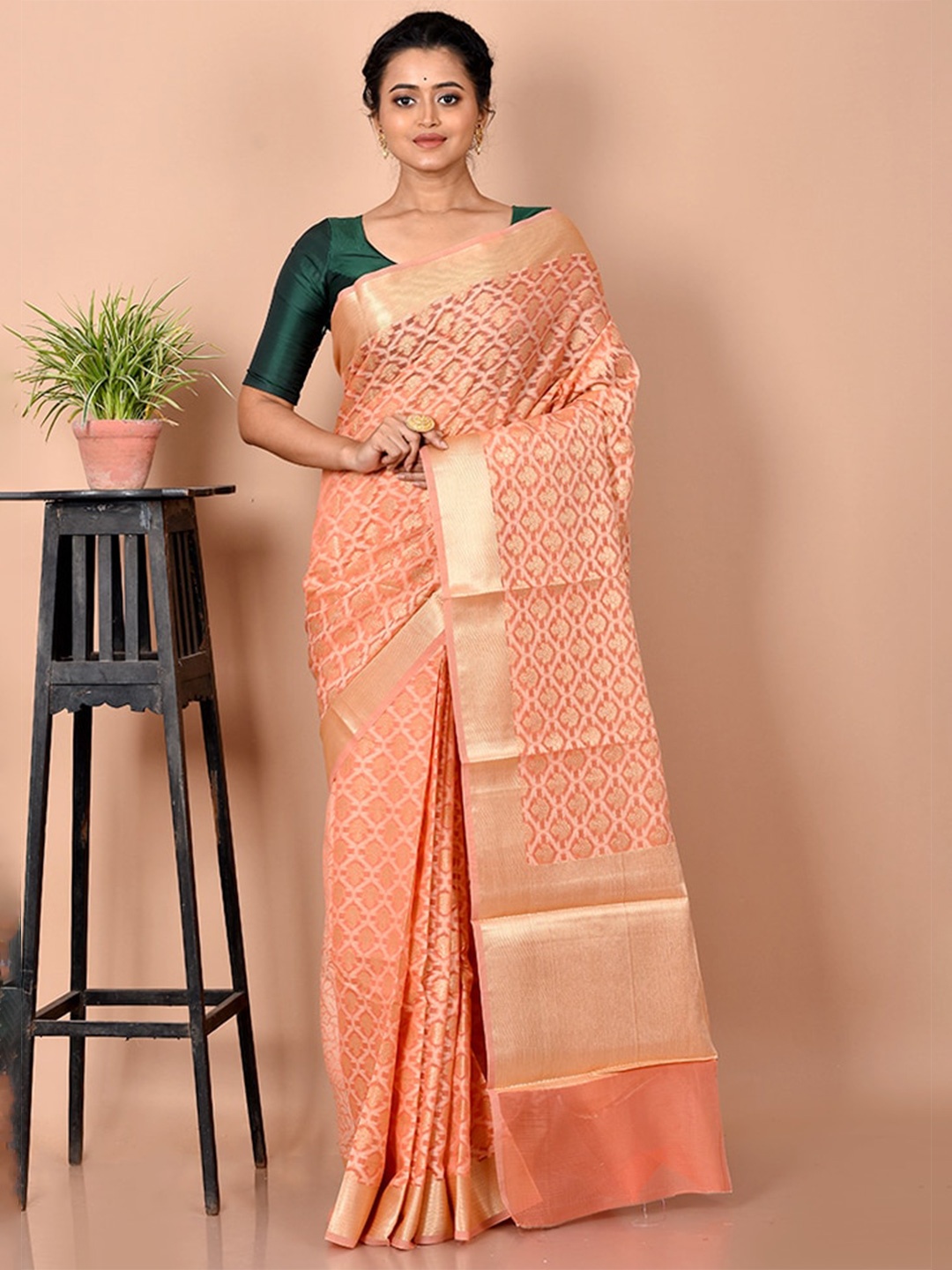 

AllSilks Peach-Coloured & Gold-Toned Woven Design Zari Silk Cotton Saree