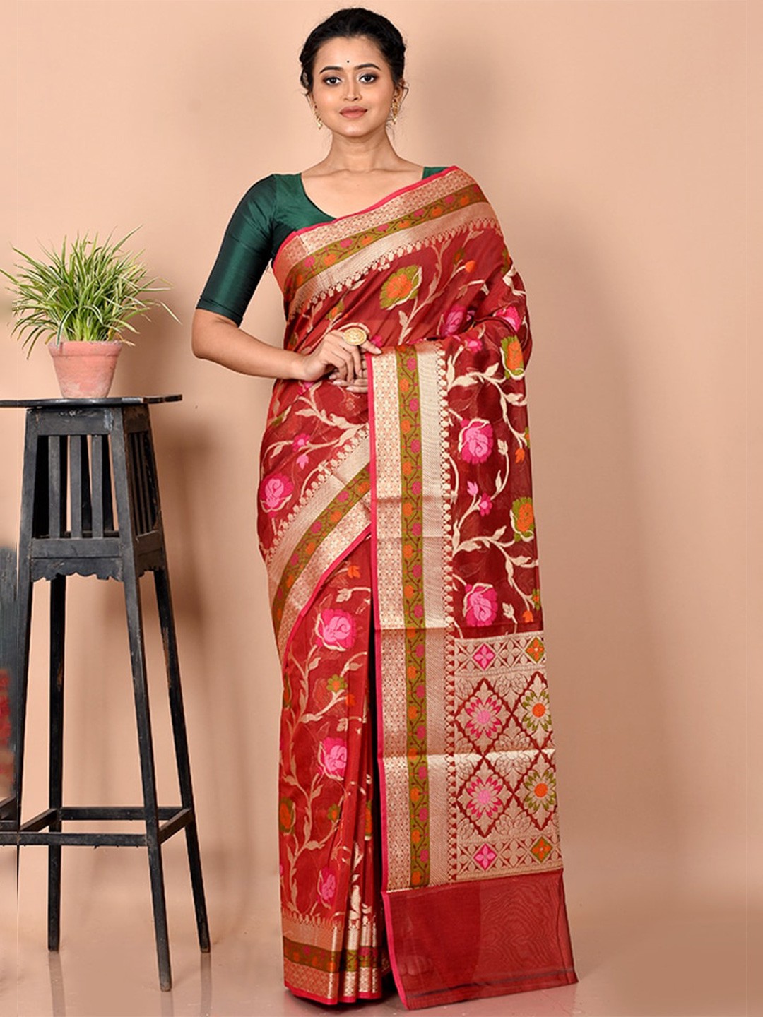 

AllSilks Maroon & Gold-Toned Woven Design Zari Silk Cotton Saree