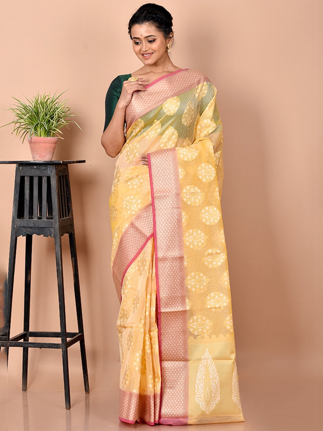 

AllSilks Yellow & Red Woven Design Zari Silk Cotton Saree