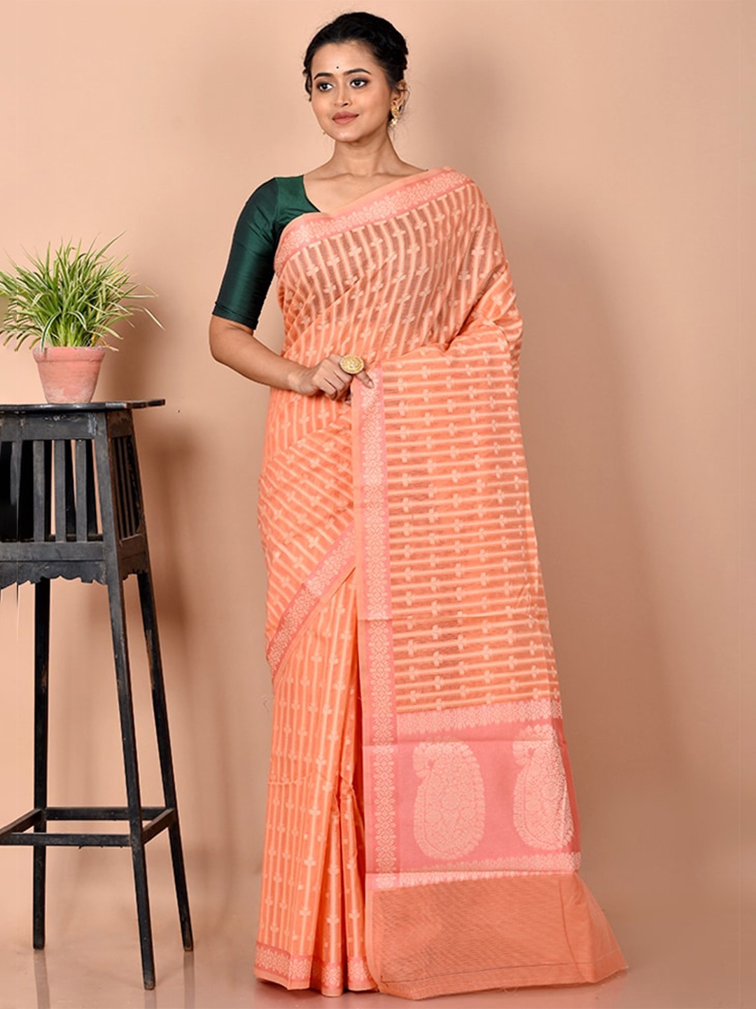 

AllSilks Peach-Coloured & Gold-Toned Woven Design Zari Silk Cotton Saree