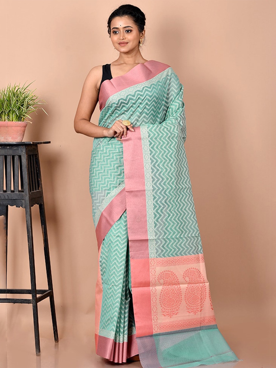 

AllSilks Blue & Pink Woven Design Zari Silk Cotton Saree